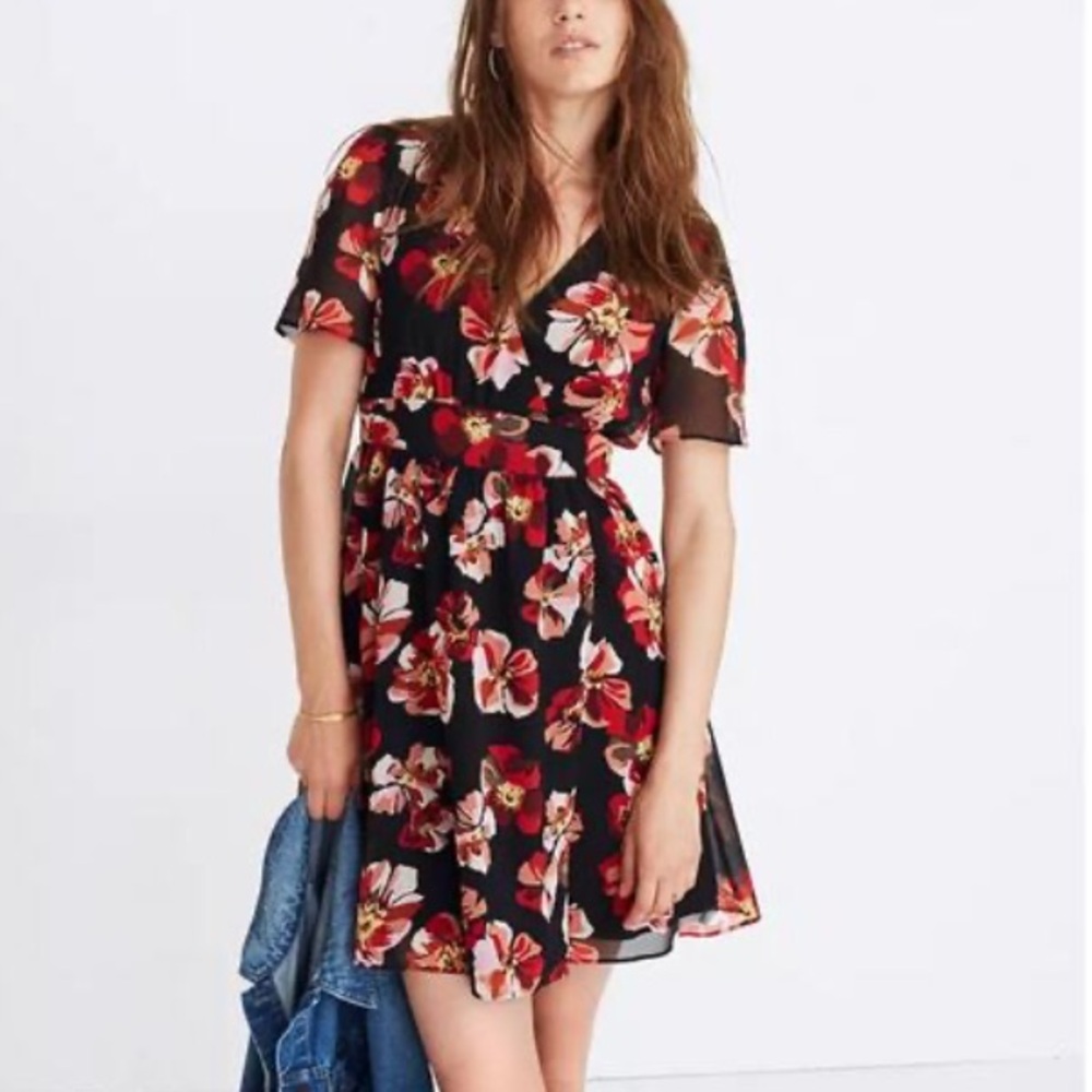 Madewell Red Pink Floral Black mini Dress